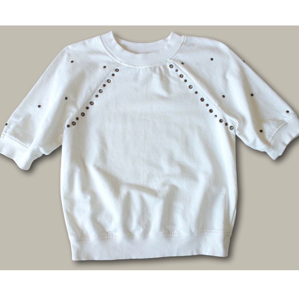 Anthropologie Studded Raglan Short Sleeve Sweatshirt Cream White Eyelet Top XS